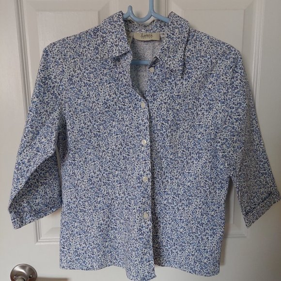 Laura Petite Blue Flower Print Button Down Stretchy 3/4 Sleeve Shirts(Gils M) - Picture 1 of 8